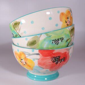 The Pioneer Woman Vintage Bloom Soup Cereal Bowl Footed Dots Teal Trim Set of 3